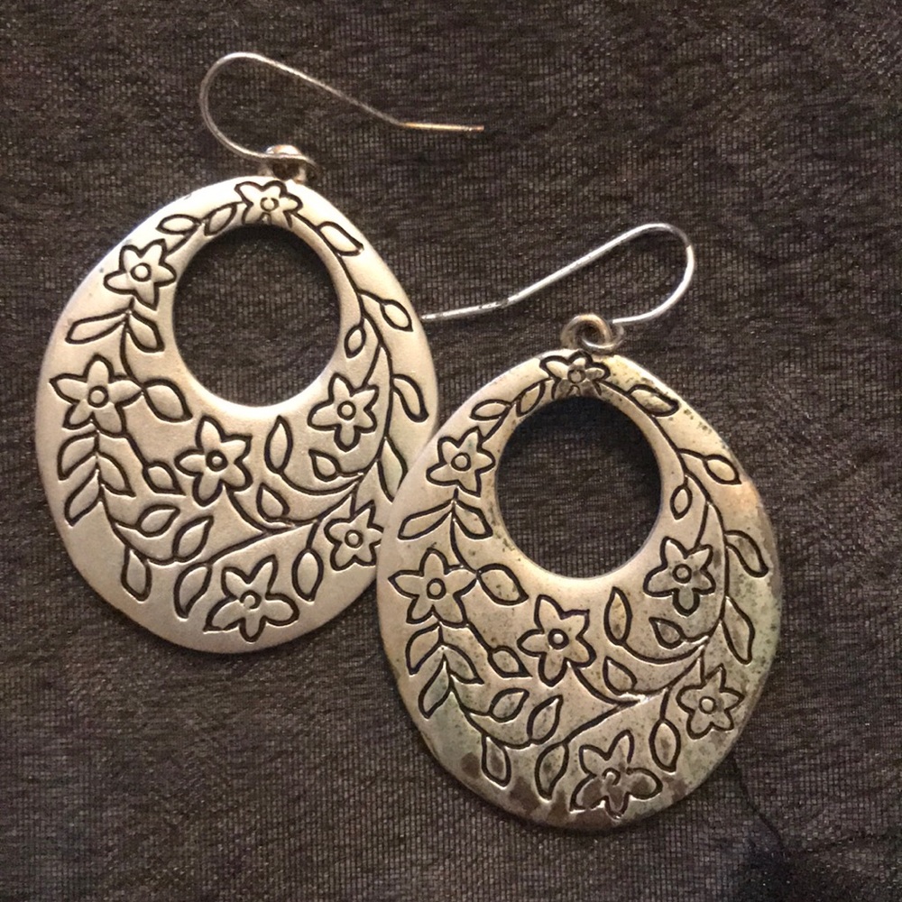 silver (metal) floral print earrings